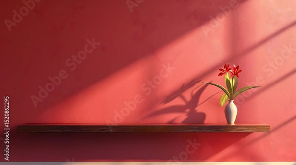 Fototapeta 3D rendering of a red wall with a shelf and flowers on a table, a minimalist interior design background. Bright room lighting, golden shadows, and subtle gradients.