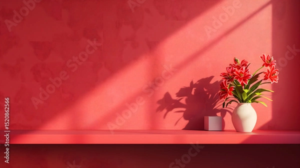 Fototapeta 3D rendering of a red wall with a shelf and flowers on a table, a minimalist interior design background. Bright room lighting, golden shadows, and subtle gradients.