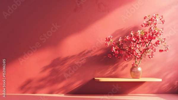Fototapeta 3D rendering of a red wall with a shelf and flowers on a table, a minimalist interior design background. Bright room lighting, golden shadows, and subtle gradients.