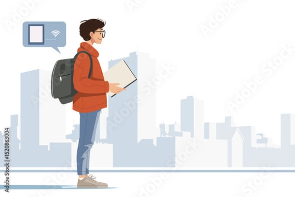 Fototapeta Digital Nomad Exploring New City with Backpack and Laptop