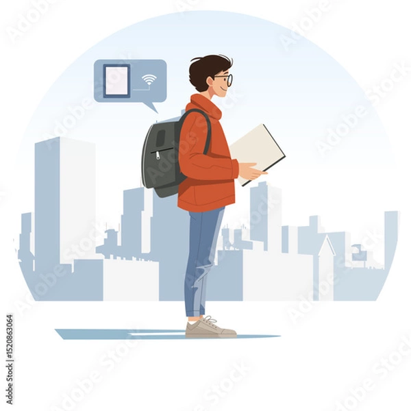 Fototapeta Digital Nomad Exploring New City with Backpack and Laptop