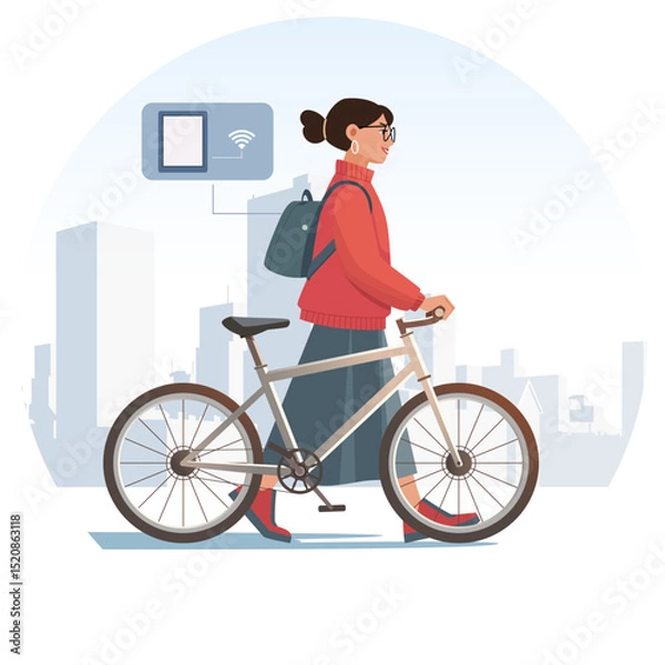Fototapeta Digital Nomad Exploring a New City with Laptop and Backpack