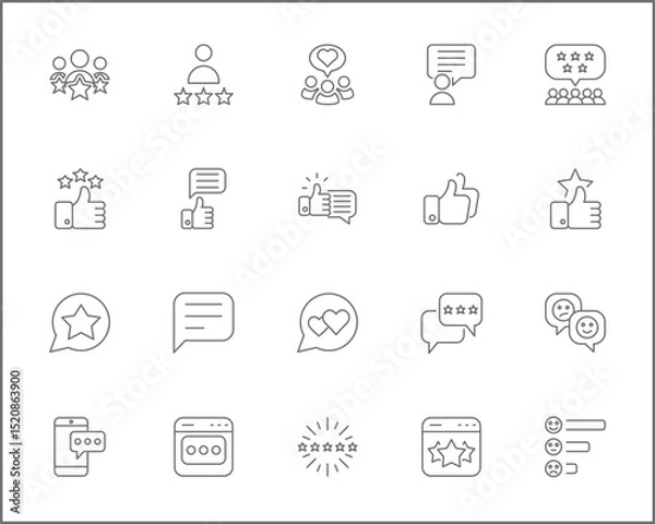 Fototapeta Review And feedback Icon Set. Vector collection of customer, rating, star rating, chat, testimonials, survey, support, communication, sign and element symbols or logo element.