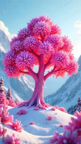 Obraz 3D image of a fantasy rosewood against a majestic mountain range in the background