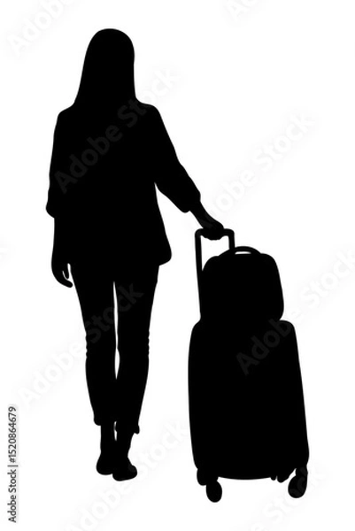 Fototapeta Silhouette of a girl exploring the world. Traveling with a suitcase. Vector illustration.