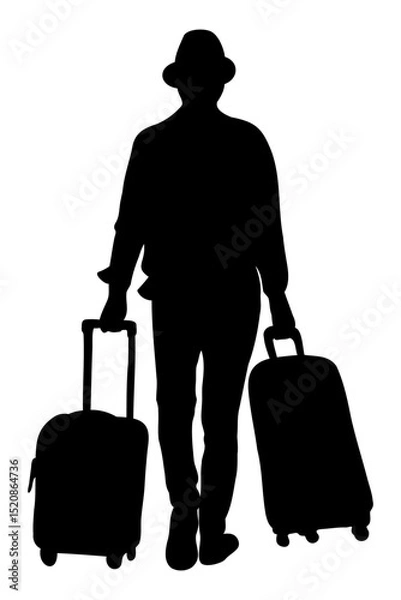 Fototapeta Silhouette of a man exploring the world. Traveling with a suitcase. Vector illustration.