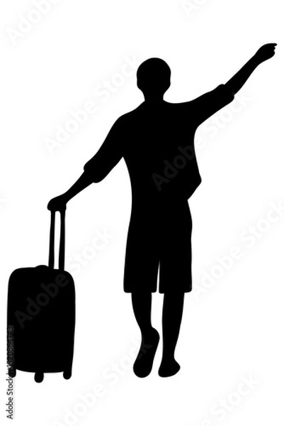 Fototapeta Silhouette of a man exploring the world. Traveling with a suitcase. Vector illustration.