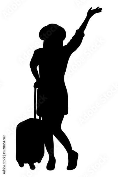 Fototapeta Silhouette of a girl exploring the world. Traveling with a suitcase. Vector illustration.