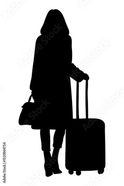 Fototapeta Silhouette of a girl exploring the world. Traveling with a suitcase. Vector illustration.