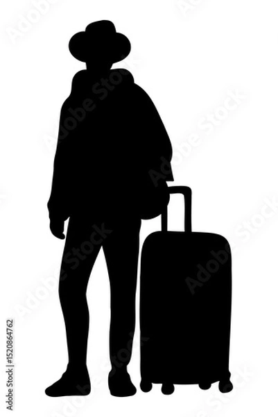 Fototapeta Silhouette of a man exploring the world. Traveling with a suitcase. Vector illustration.