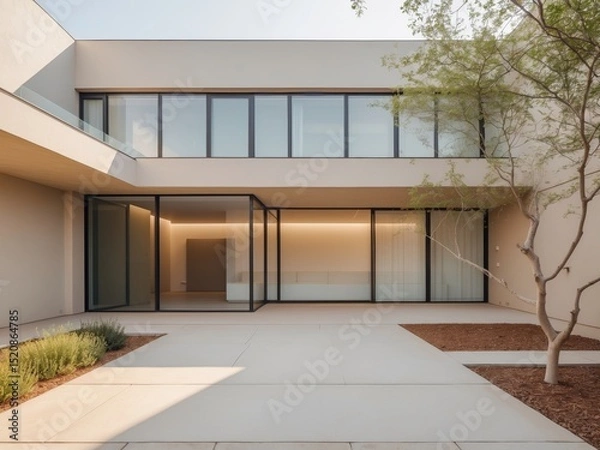 Fototapeta Modern architecture, courtyard with sleek design and minimal landscaping features.
