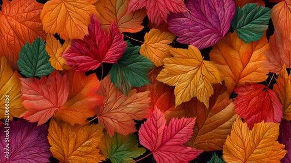 Obraz A captivating array of colorful autumn leaves, creating a rich tapestry of warm tones, textures, and the beauty of the fall season