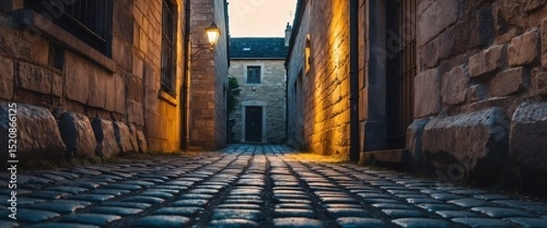 Fototapeta Cobblestone Alleyway at Dusk, with Warm Lighting and Stone Buildings Perspective.