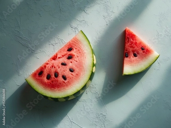 Fototapeta Two Slices of Fresh Watermelon on a Textured Blue Surface, Bathed in Sunlight.