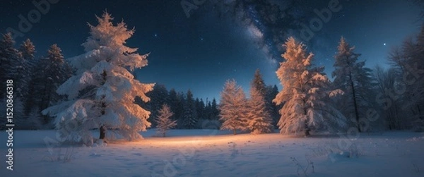 Fototapeta A Winters Tale. Snowy Forest, Starry Sky, and the Soft Glow of Hidden Light.