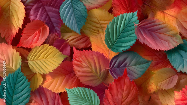 Obraz A collection of colorful leaves arranged in a vibrant display of autumnal hues. The leaves showcase a variety of textures and shades, creating a stunning visual tapestry