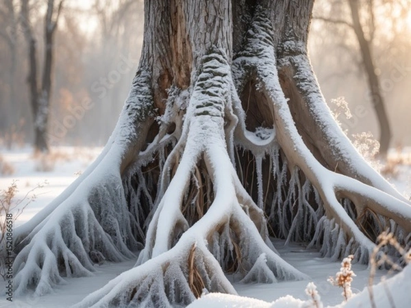 Fototapeta Majestic winter tree with snowcovered roots standing tall in a frosty landscape.