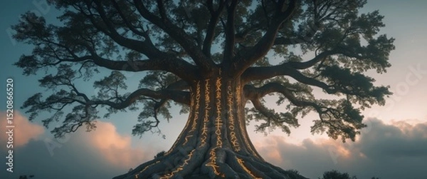 Fototapeta Mystical Tree of Knowledge. Ancient Wisdom Carved in Glowing Runes, A Timeless Icon.