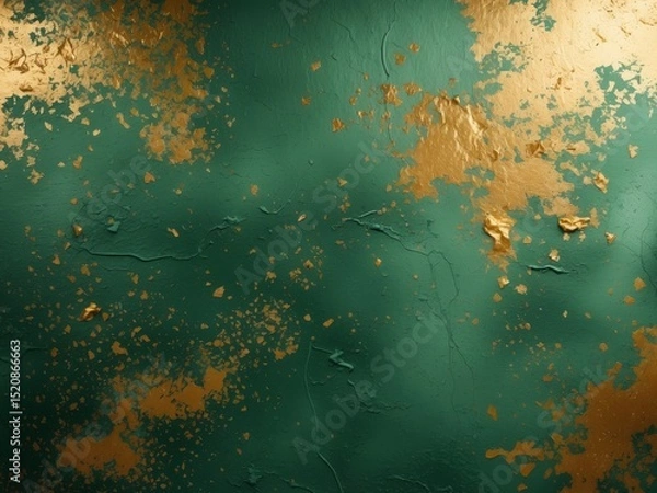 Fototapeta Emerald Green Wall with Flaking Gold Paint, Textured Background with Luxurious Touch.