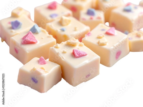 Fototapeta Close up of small square white chocolates with pastel colored sprinkles on a black background