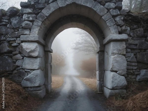 Fototapeta Stone Archway Leading to Misty Road, Serene Ambience and Historic Architecture.