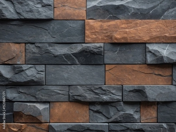 Fototapeta Decorative Stone Wall with Gray and Brown Rectangular Bricks, Textured Surface.