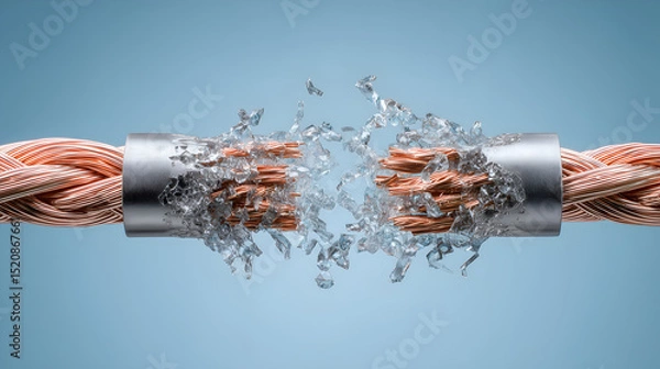 Fototapeta fragile cable is snapping, surrounded by shattered fragments. The cable's strands are pulling apart, highlighting its vulnerability and the force acting upon it