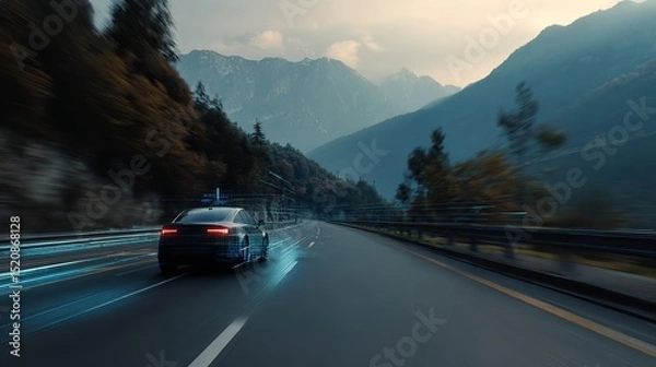 Obraz Car driving on empty mountainous road in winter at night . Generative AI