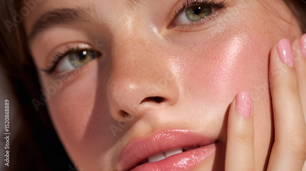 Obraz Close-up of a young woman's face, showcasing healthy, glowing skin with a natural rosy blush. Her eyes are captivating, and her nails are softly painted a delicate pink.  
