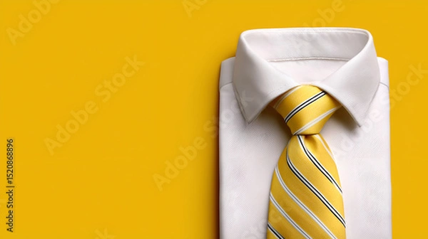 Obraz a classic white dress shirt with a yellow tie, arranged neatly on a vibrant yellow surface, is a stylish depiction of elegance and professionalism