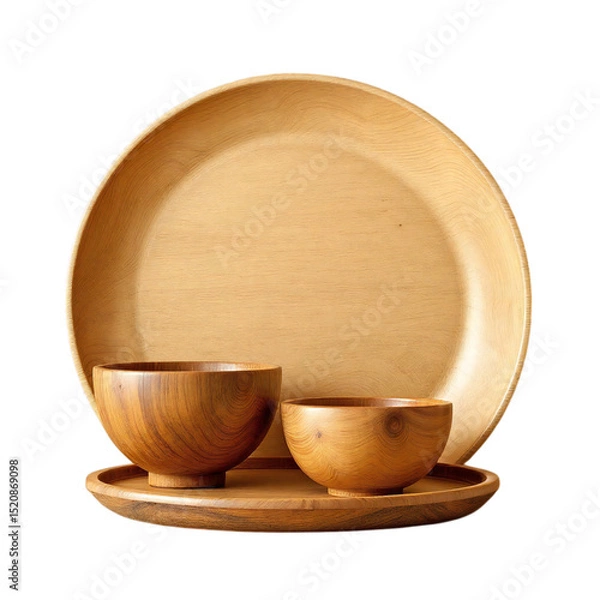 Fototapeta Still life of wooden plates and bowls arranged on a wooden tray against a black background