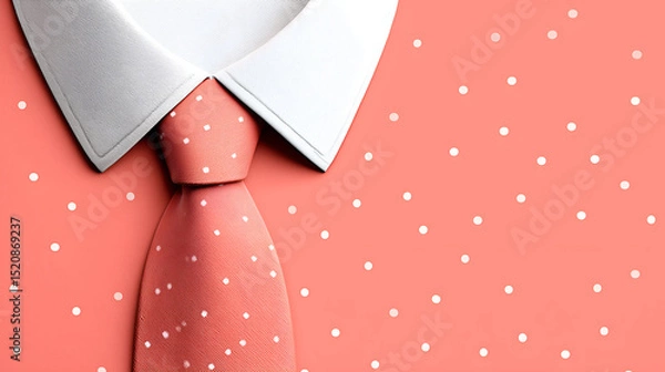 Obraz a stylish pink tie and a white collar, creating a fashionable minimalist design on a polka-dot background