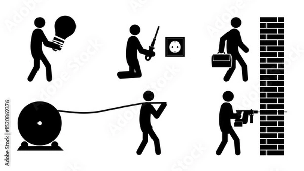 Obraz Set of stick figures, electrical work and installation, flat vector illustration.