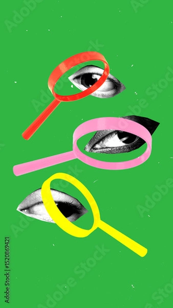 Fototapeta Abstract art collage. Eyes observed through colorful magnifying glasses on vivid green background, implying scrutiny, investigation and self-awareness. Concept of journalism and critical thinking