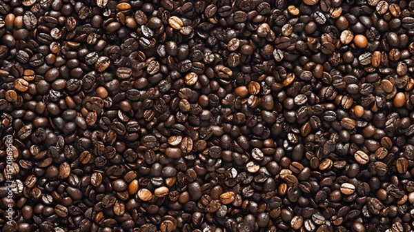 Fototapeta Close up view of heap of millions of small aromatic roasted coffee beans swirling around with steam
