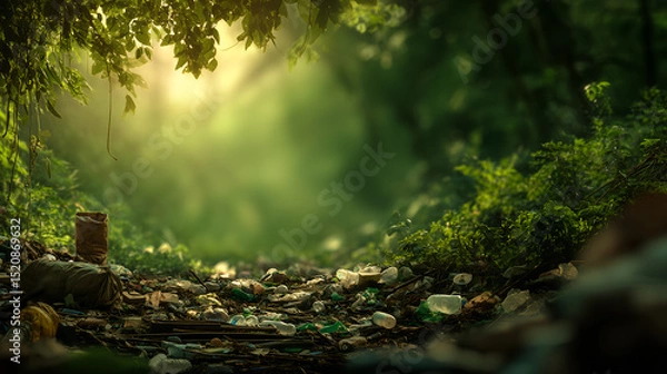 Obraz A path through a lush green forest strewn with trash, highlighting environmental pollution