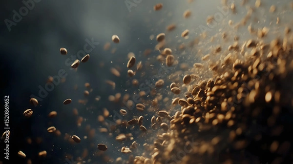 Fototapeta Close up view of heap of millions of small aromatic roasted coffee beans swirling around with steam

