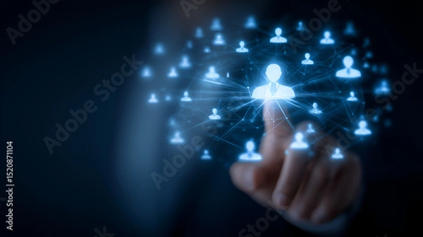 Obraz a hand pointing to a network of interconnected human icons, symbolizing connection and networking