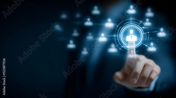 Obraz concept of recruitment and talent acquisition. A finger pressing a button on a digital screen representing human resources and networking connections. The futuristic design adds a modern aesthetic