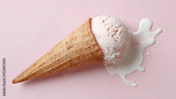 Obraz a melting ice cream cone against a soft pink background, a sweet summer treat. A single scoop of ice cream sits melting next to the cone