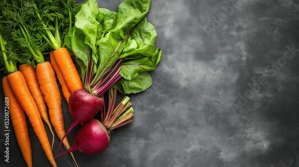 Fototapeta Fresh carrots and beets with green tops on dark textured background