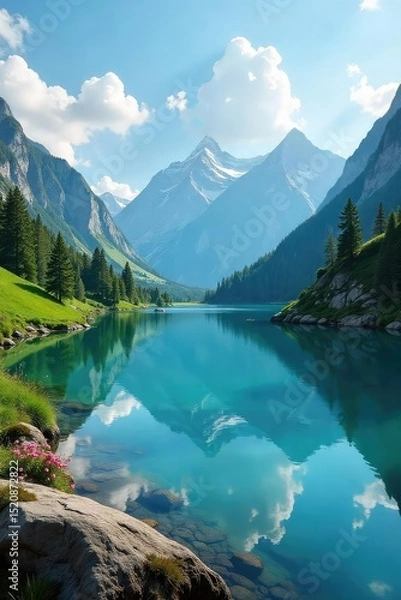 Fototapeta Serene landscape featuring a tranquil lake reflecting the surrounding mountains and lush greenery, perfect for nature-themed projects and travel brochures , tranquility, idyllic, trees