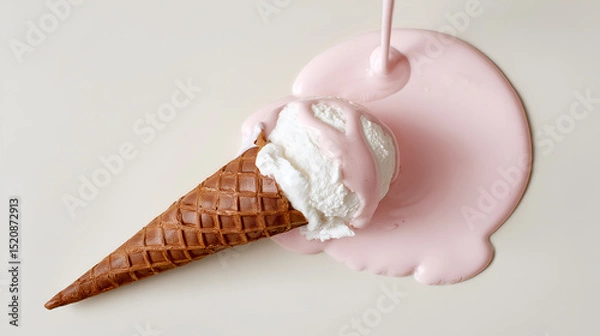 Obraz A Melting Ice Cream Cone with Pink Sauce Drizzling