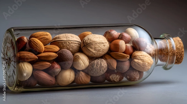 Obraz A diverse mix of nuts elegantly contained in a clear glass bottle, artfully arranged