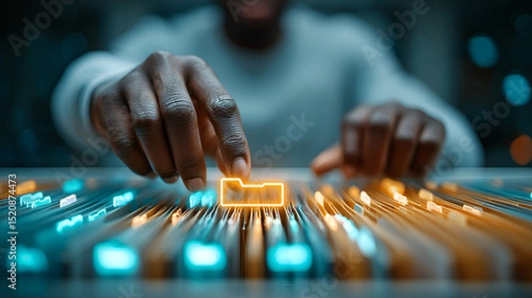 Fototapeta A person's hand interacting with a digital file folder, symbolizing data management and technology