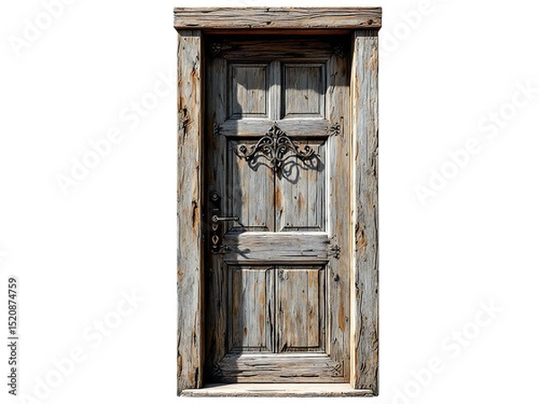 Fototapeta A weathered wooden door with decorative ironwork against a stark black background creating contrast