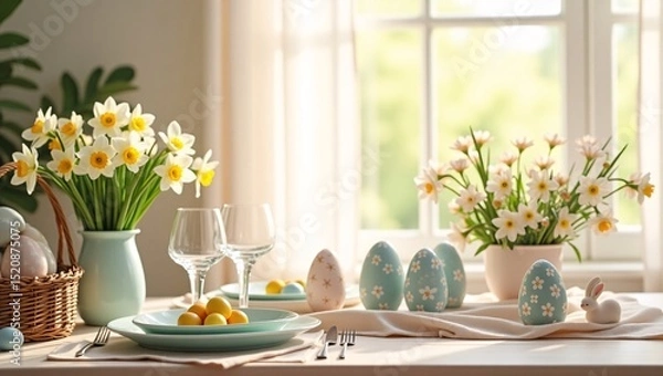 Fototapeta Festive easter table setting with daffodils and decorated eggs
