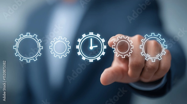 Obraz A person's finger pointing towards a clock surrounded by gears, symbolizing the concept of time management and efficiency