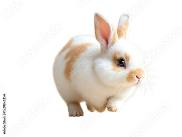 Fototapeta Close up shot of a fluffy white rabbit with light brown markings against a black background space