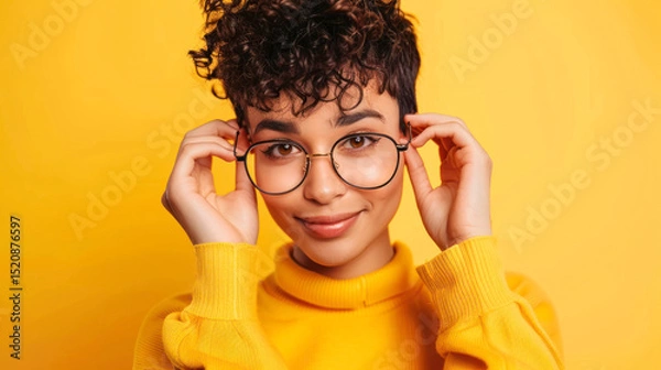 Fototapeta Confident woman smiling with hands on head, yellow background